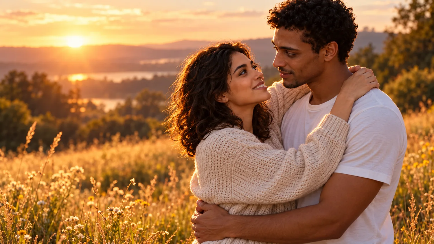 Warm illustrated memory of the couple embracing