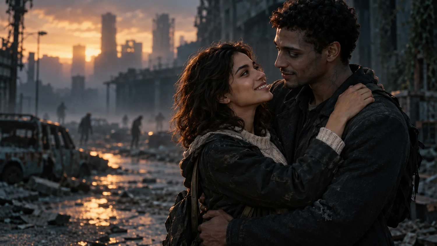Original AI illustration of a human and zombie embracing in an abandoned city